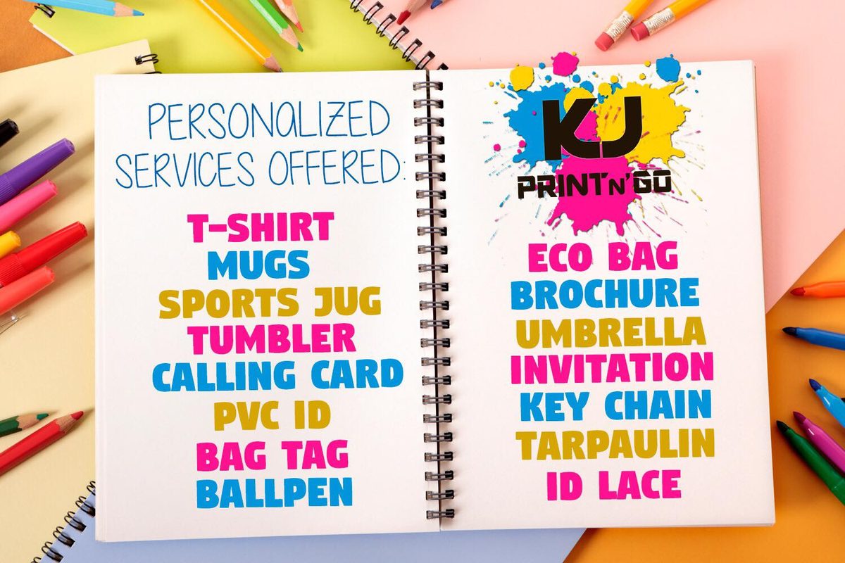 Handwritten list of KJ Print N' Go's personalised services, surrounded by coloured pens and pencils.