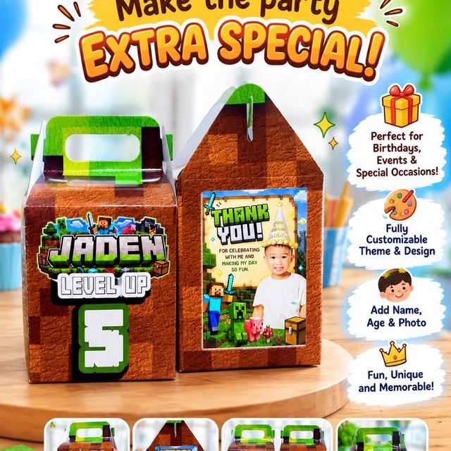 Minecraft-themed personalised party favour boxes printed with a child's name, age and photo.
