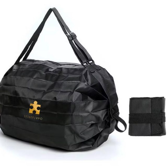 Black foldable travel bag with an embroidered gold corporate logo, next to its folded form.